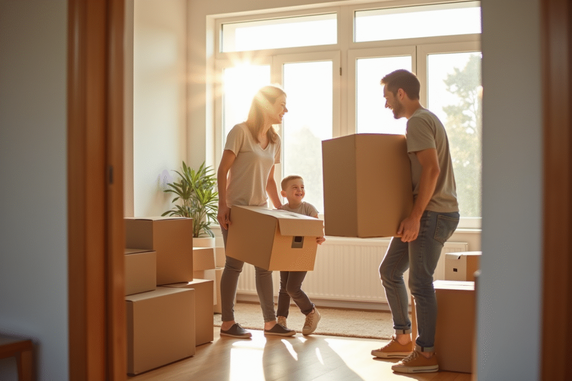 Famille heureuse portant des cartons dans un salon lumineux