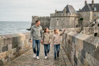 Famille se promenant sur les remparts de Saint-Malo avec vue sur la mer, quartier Intra-Muros