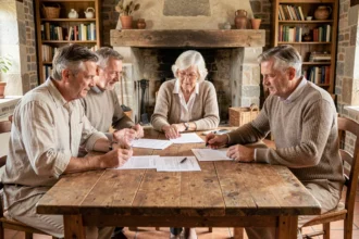 Famille multigénérationnelle discutant de la vente d'une résidence secondaire autour d'une table en bois rustique avec des documents immobiliers