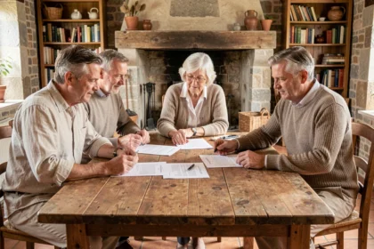 Famille multigénérationnelle discutant de la vente d'une résidence secondaire autour d'une table en bois rustique avec des documents immobiliers