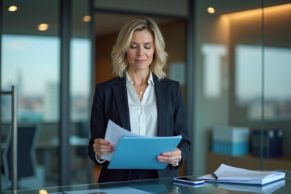 Femme d'affaires en bureau moderne examine un contrat