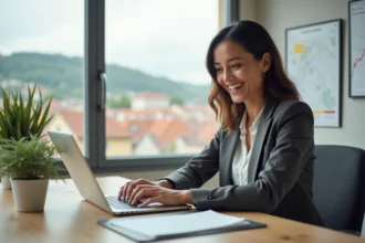 Femme d'affaires souriante à Lyon avec ordinateur portable