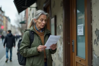 Femme tenant une fiche d'information devant un centre d'aide au logement d'urgence