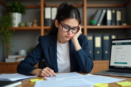 Femme en blazer marine analysant des contrats immobiliers à son bureau pour éviter les pièges juridiques d'une société de logement