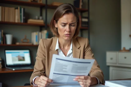 Femme examinant une annonce immobilière incorrecte pour un studio BIS mal classé, pointant une erreur sur le document