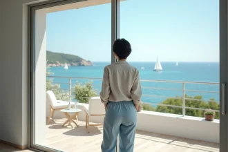 Femme regardant la mer depuis un appartement moderne