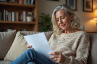 Femme examinant des documents d'assurance avec un réparateur en arrière-plan