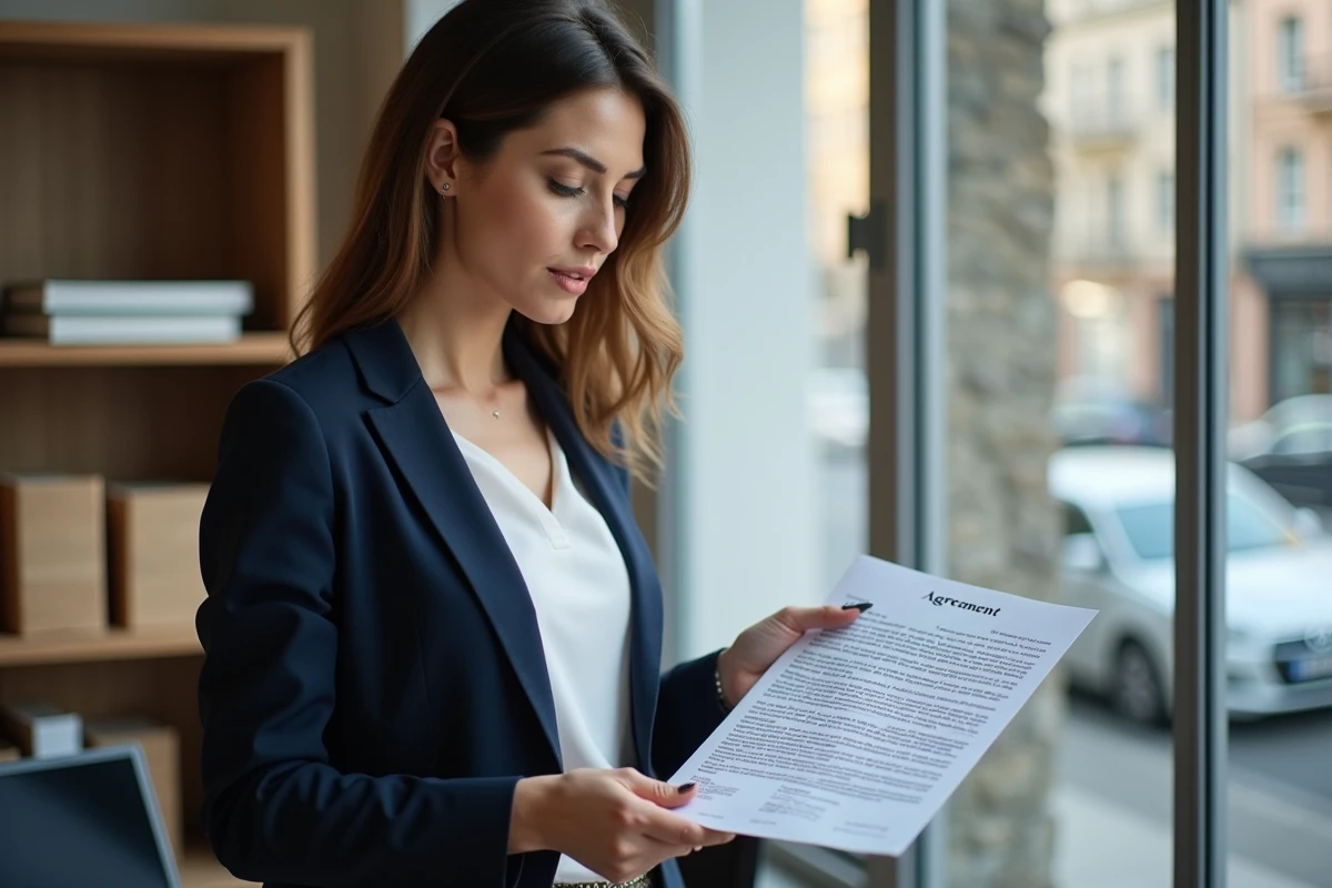 Femme tenant un bail locatif et pointant une clause de résiliation de plein droit Visale avec un stylo