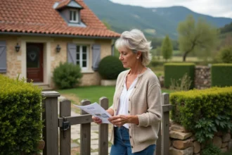 Femme réfléchissant devant une maison en pierre dans les Pyrénées