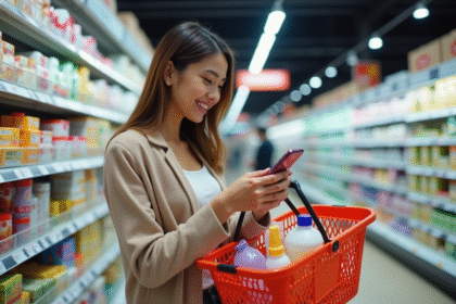 Jeune femme comparant prix produits avec smartphone dans un magasin