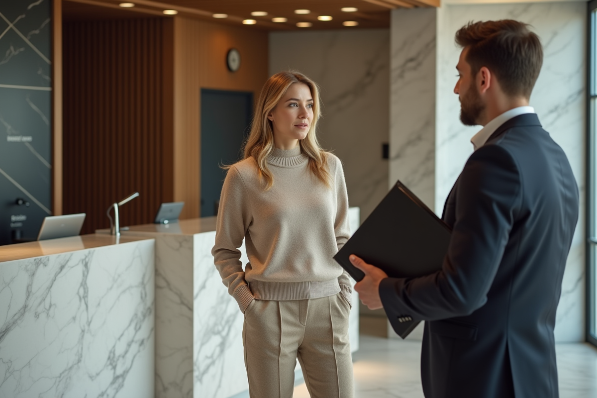 Femme élégante parle avec conseiller dans banque moderne