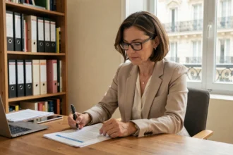 Femme consultant un contrat d'assurance habitation dans un appartement à Vichy