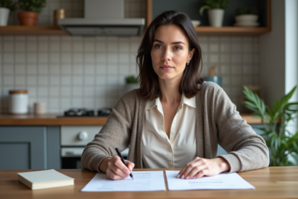 Femme examinant un contrat de location dans une cuisine moderne