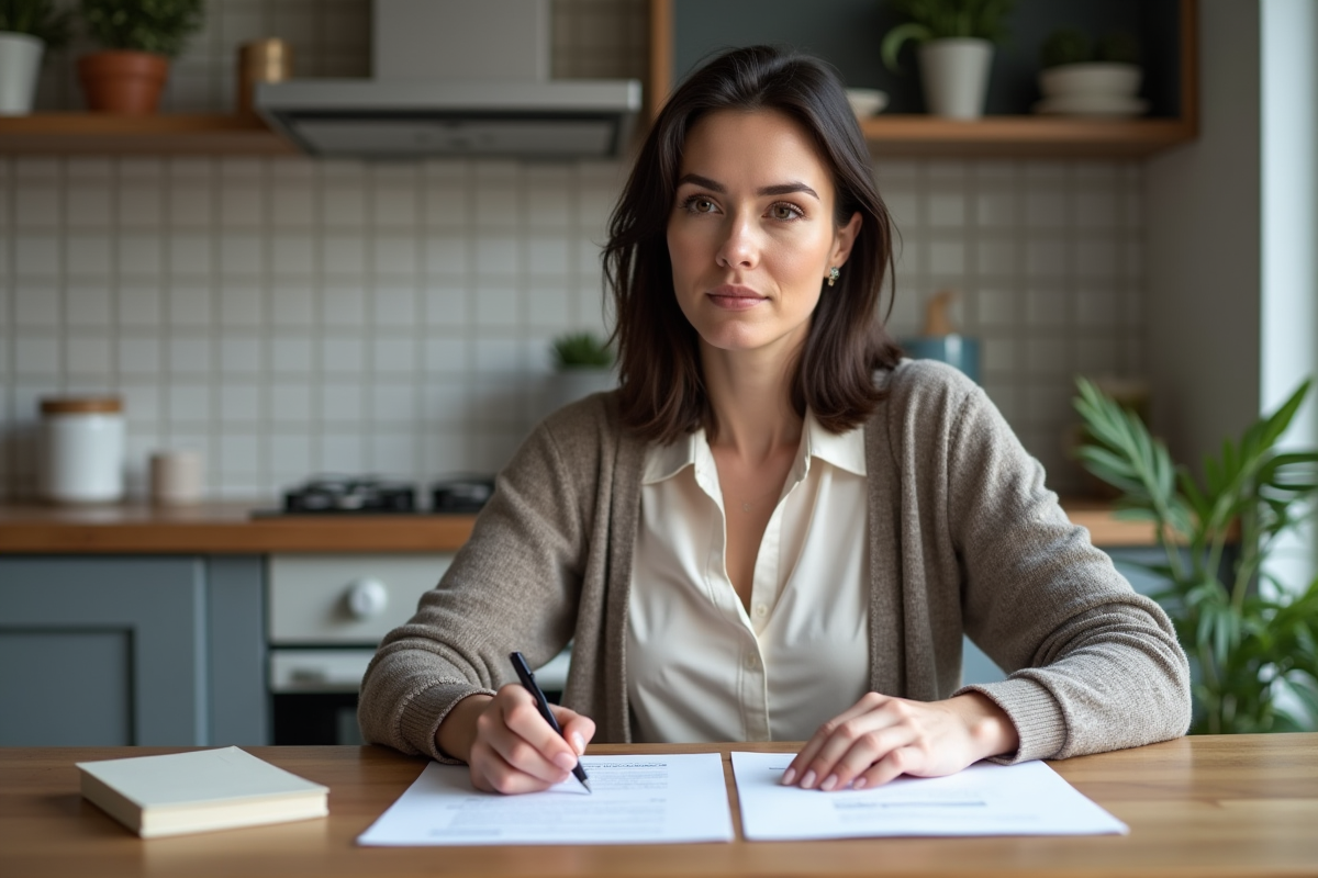 Femme examinant un contrat de location dans une cuisine moderne