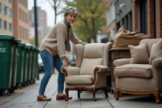 Femme déposant un fauteuil ancien sur le trottoir en ville