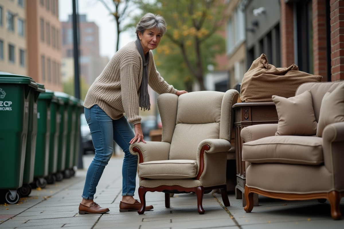 Femme déposant un fauteuil ancien sur le trottoir en ville