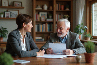 Femme d'âge moyen discutant avec un homme âgé à la maison