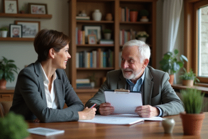Femme d'âge moyen discutant avec un homme âgé à la maison