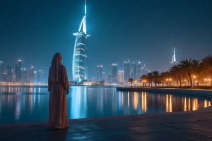 Jeune femme Emirati en abaya regardant Dubai la nuit