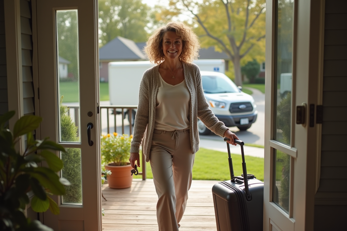 Femme avec valise devant une maison de banlieue accueillante