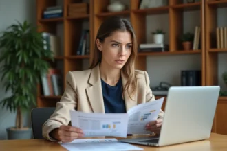 Femme consultant un logiciel d'estimation immobilière sur son ordinateur pour sa première vente immobilière
