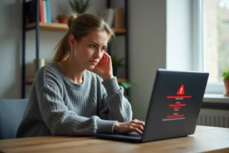 Femme frustrée devant un message d'erreur de connexion sur son espace client MyFoncia sur ordinateur portable