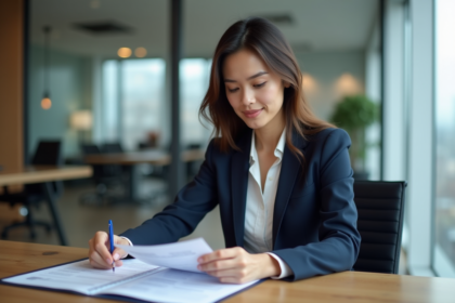 Femme professionnelle examinant documents de prêt immobilier