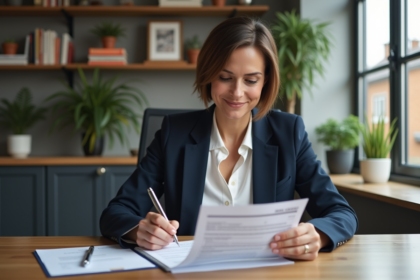 Femme en bureau à domicile examinant un relevé de prêt