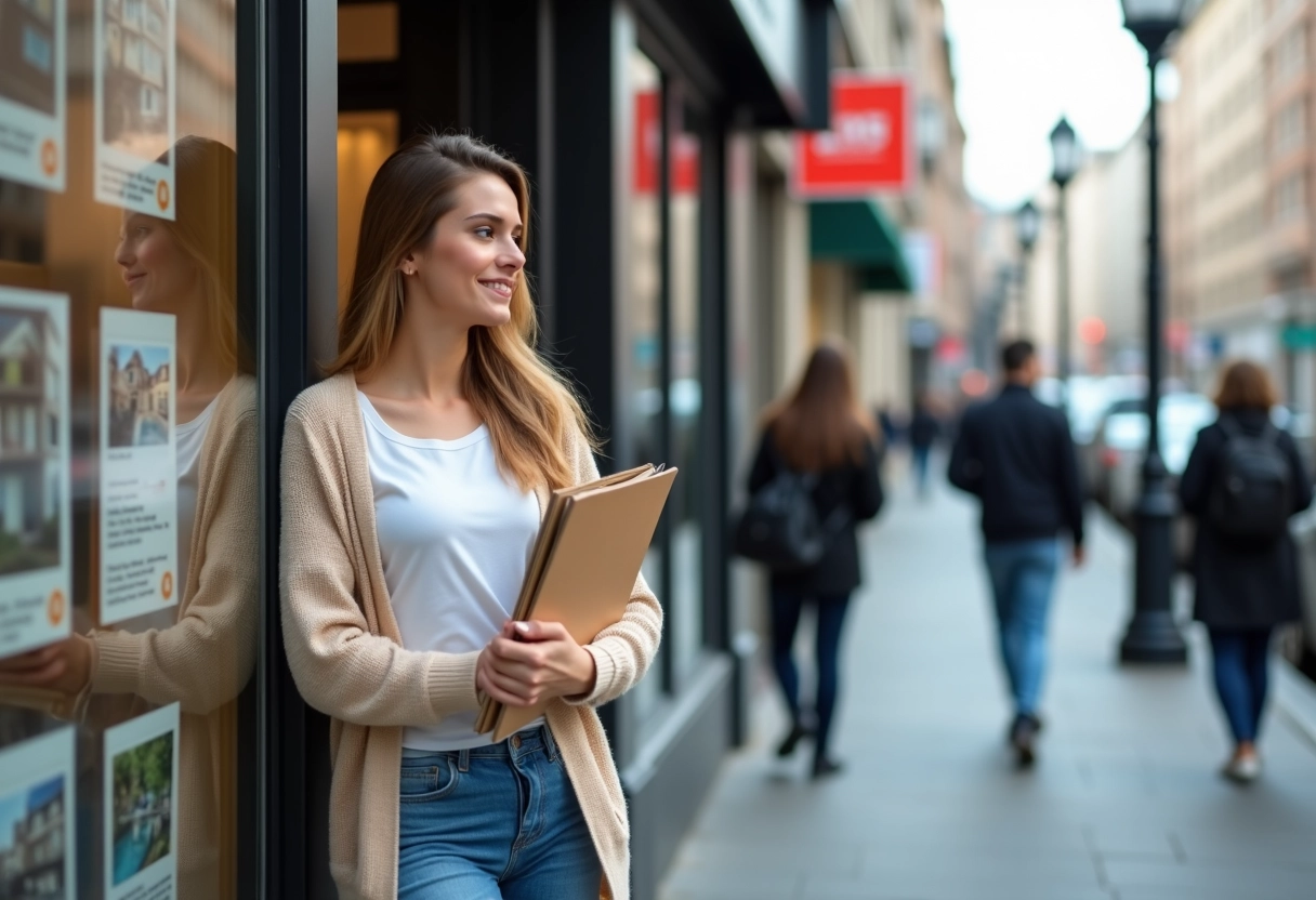 Jeune femme regardant des annonces immobilières dans la rue