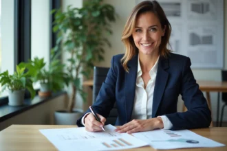 Femme professionnelle examinant des documents immobiliers