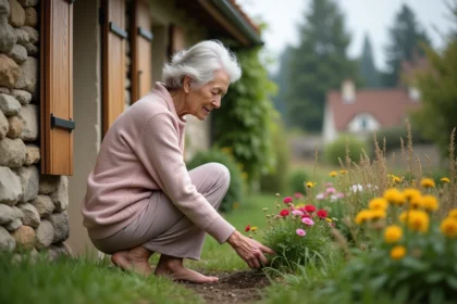 Femme âgée dans un jardin normand en fleurs