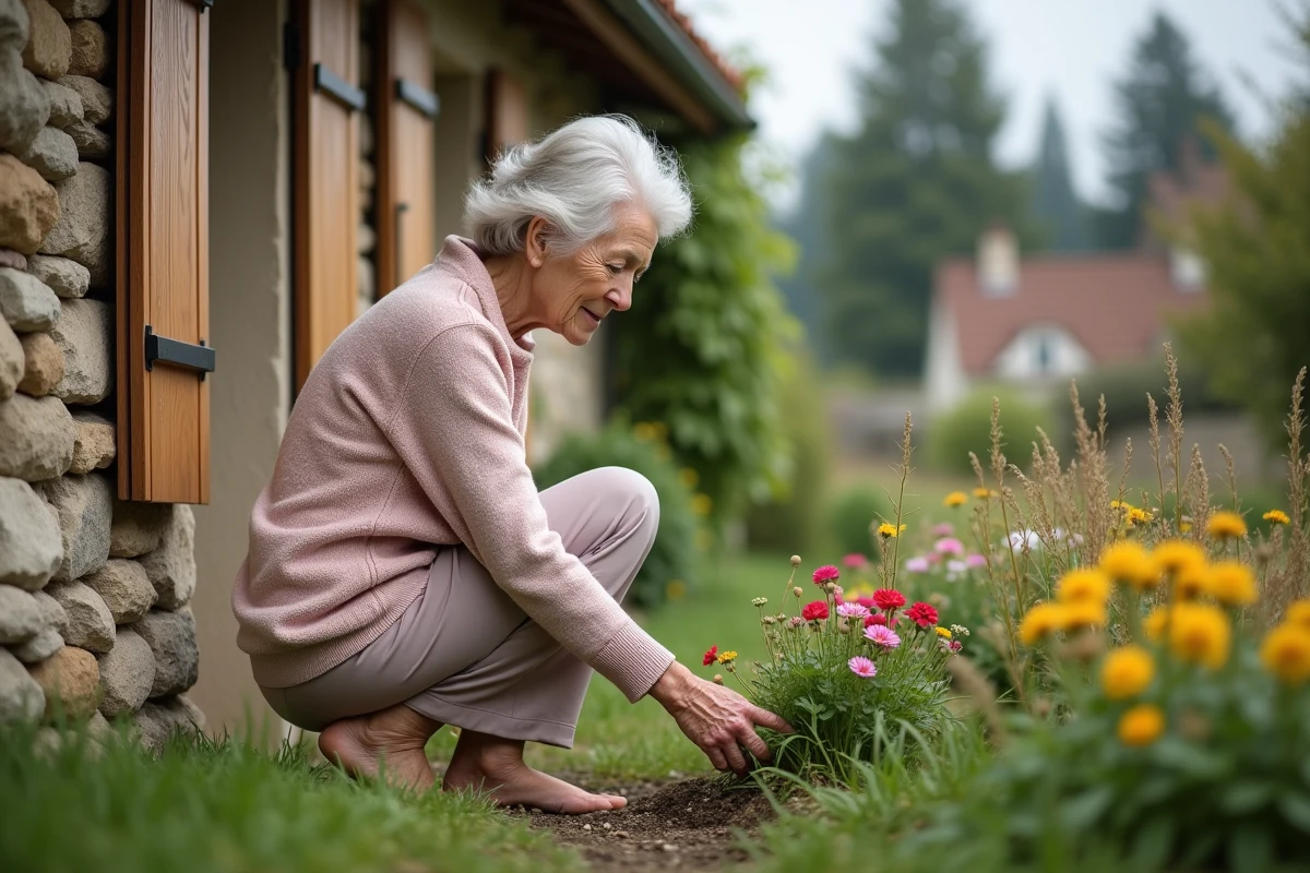 Femme âgée dans un jardin normand en fleurs