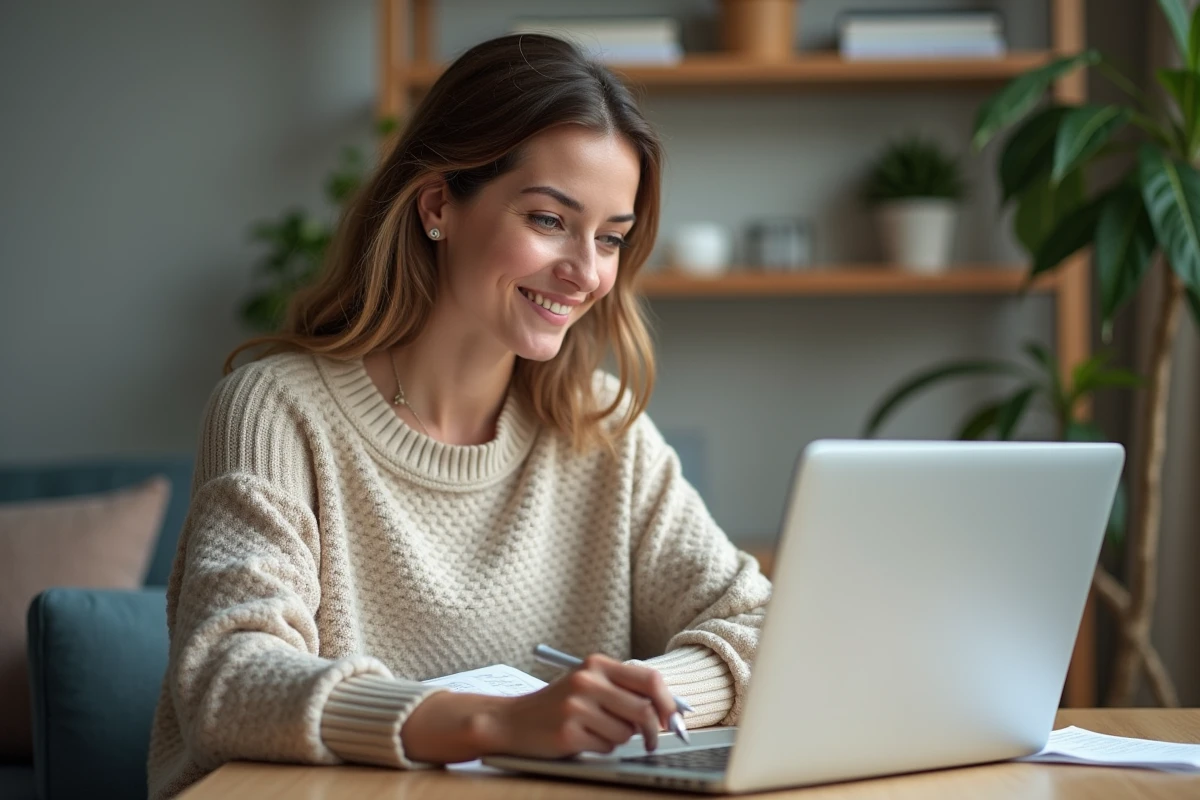 Femme assise à une table avec ordinateur portable dans un salon lumineux
