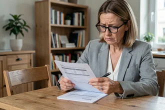 Femme lisant attentivement un contrat d'assurance habitation à une table en bois dans un appartement moderne