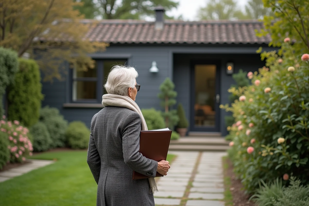 Femme âgée marchant dans un jardin avec un dossier à la main