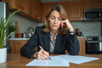 Femme d'âge moyen examinant des documents de location à la maison