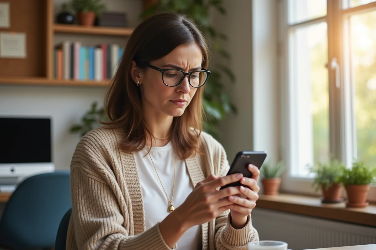 Femme lisant un message sur son smartphone dans un bureau à la maison