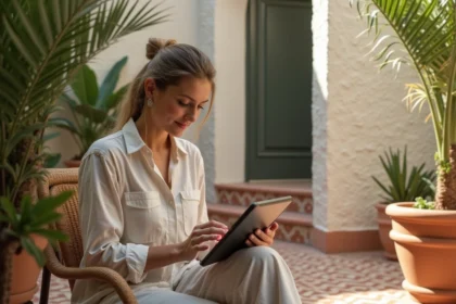 Femme en lin dans un riad marocain ensoleille