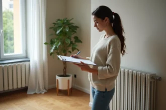 Jeune femme avec un clipboard dans un salon moderne
