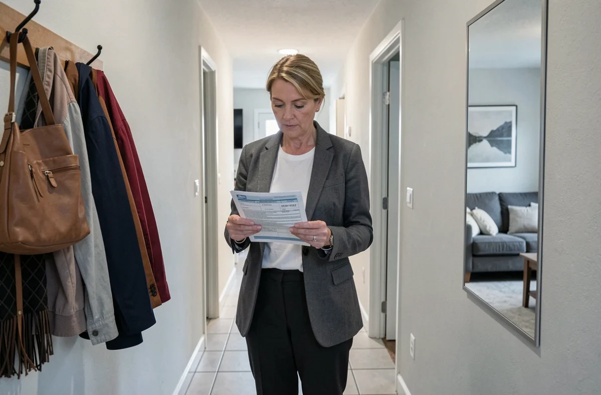 Femme locataire lisant un contrat d'assurance habitation dans le couloir d'un appartement meublé