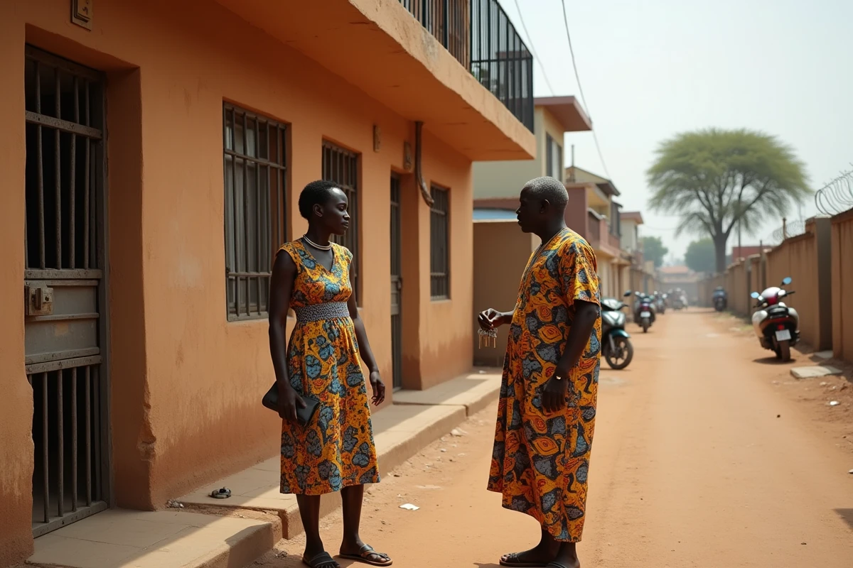 Femme locataire discutant avec un propriétaire devant un immeuble abordable dans un quartier populaire de Dakar