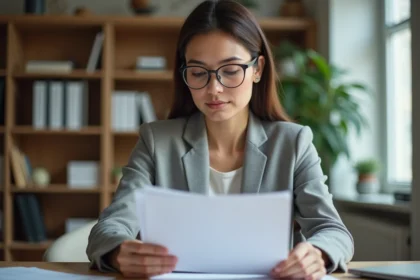 Femme portant des lunettes modernes à montures fines assise dans un bureau à domicile, illustrant la vision corrigée en 2026