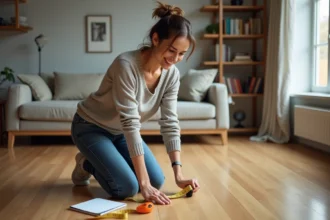 Femme mesurant la largeur avec un ruban dans un salon moderne