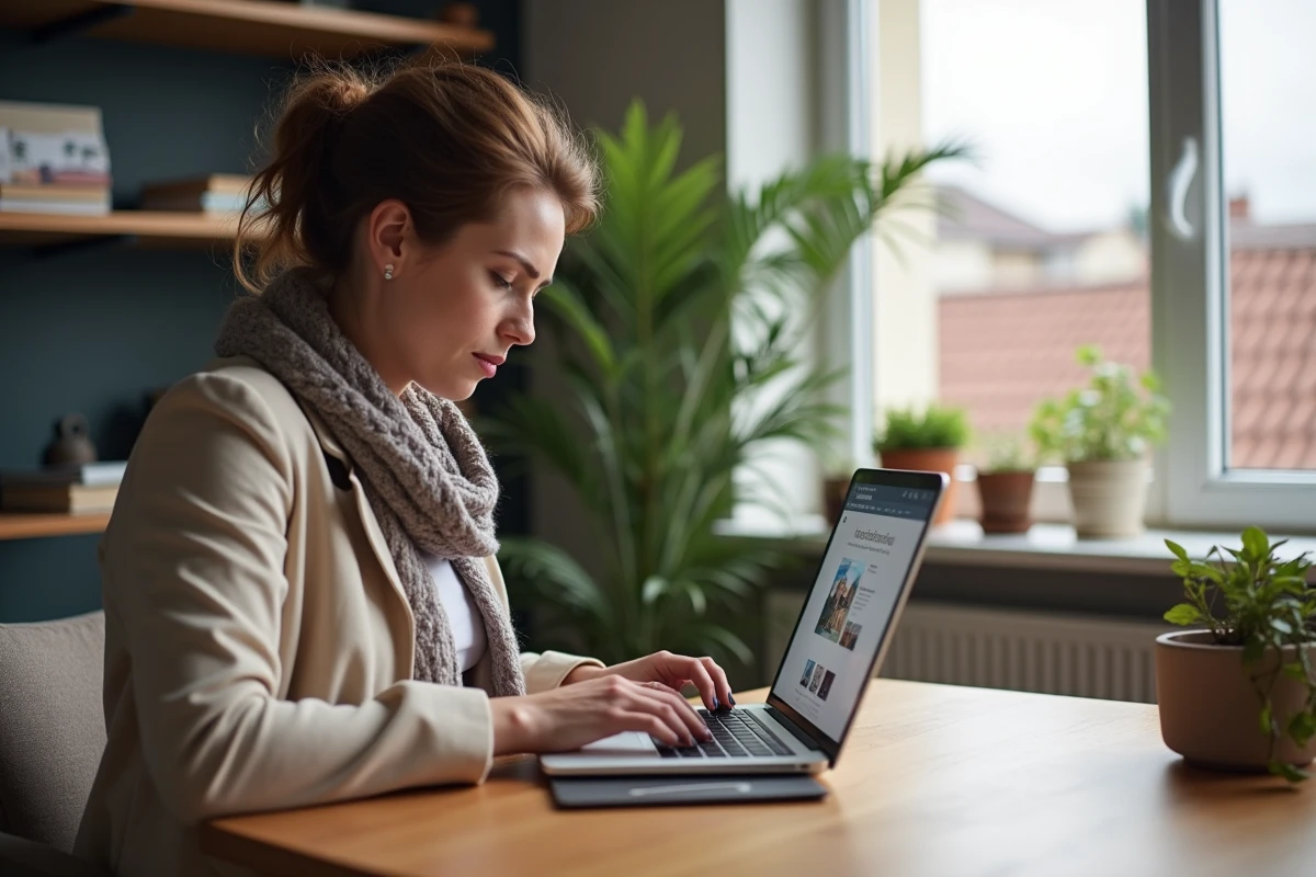 Femme naviguant sur un site immobilier dans un appartement moderne