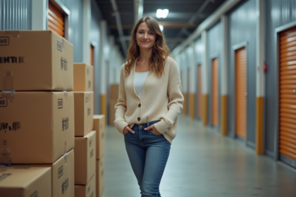 Femme en jeans dans un centre de stockage organisé