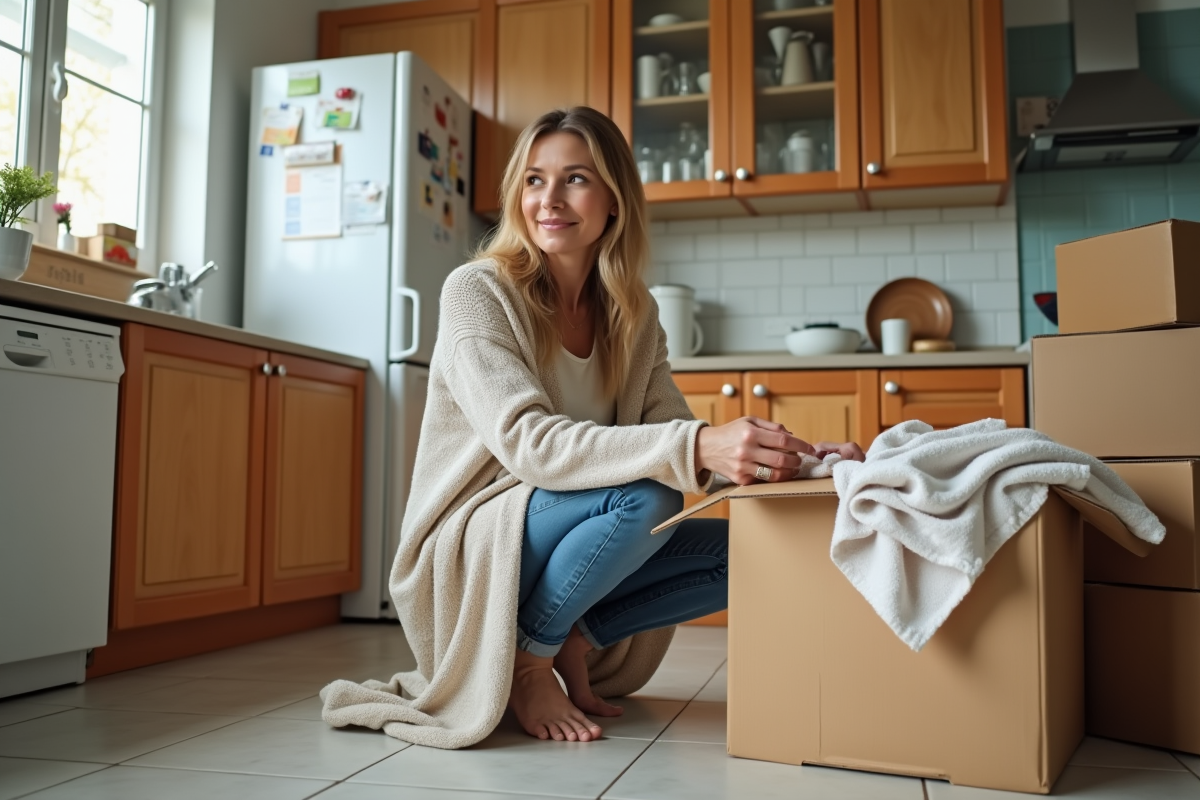 Femme plie des serviettes dans la cuisine ensoleillee