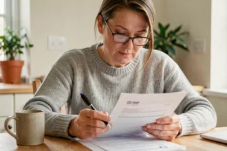 Femme consultant sa quittance d'assurance habitation à la table de cuisine