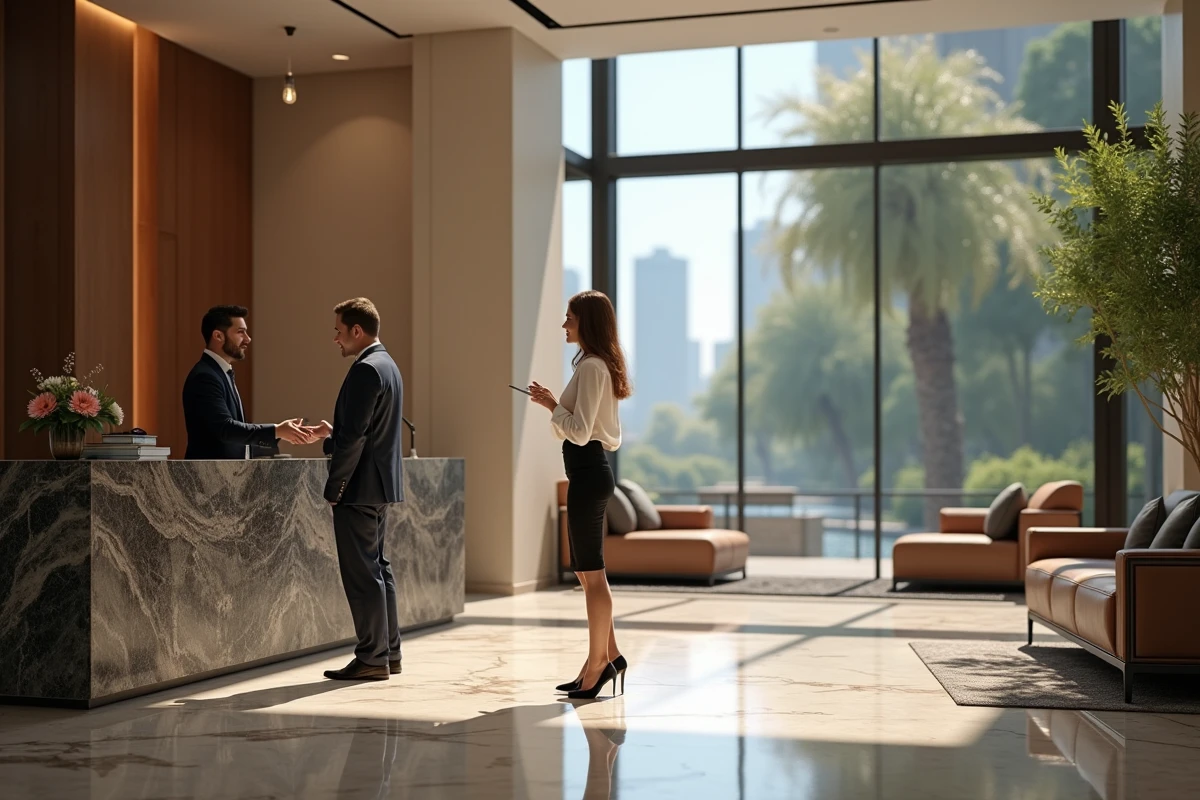 Femme en tenue professionnelle avec concierge à Almas Tower