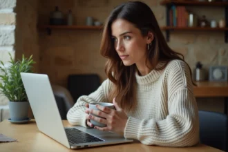 Femme consultant des annonces immobilières en ligne sur un ordinateur portable dans un appartement parisien