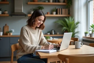Femme souriante cherchant des locations dans un appartement moderne